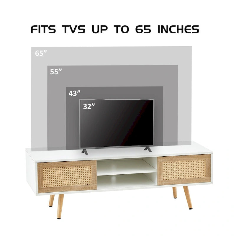 55.12 Rattan TV cabinet, double sliding doors for storage, adjustable shelf, solid wood legs, TV console