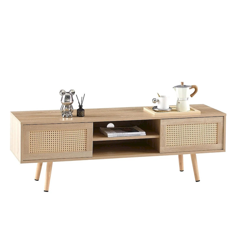 55.12 Rattan TV cabinet, double sliding doors for storage, adjustable shelf, solid wood legs, TV console