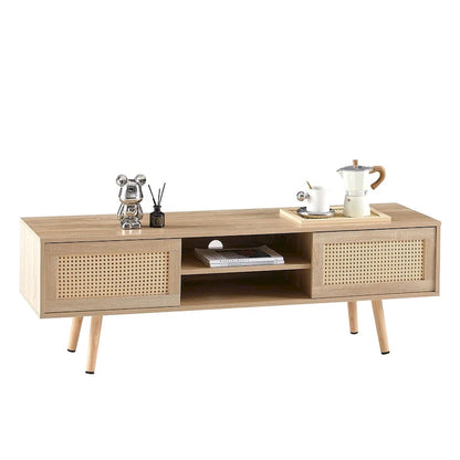 55.12 Rattan TV cabinet, double sliding doors for storage, adjustable shelf, solid wood legs, TV console