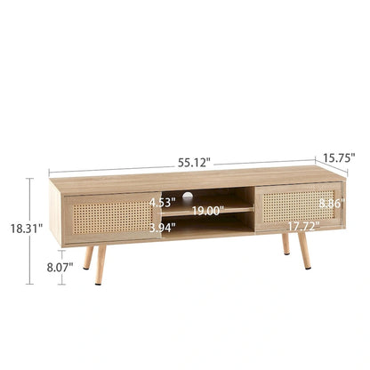 55.12 Rattan TV cabinet, double sliding doors for storage, adjustable shelf, solid wood legs, TV console