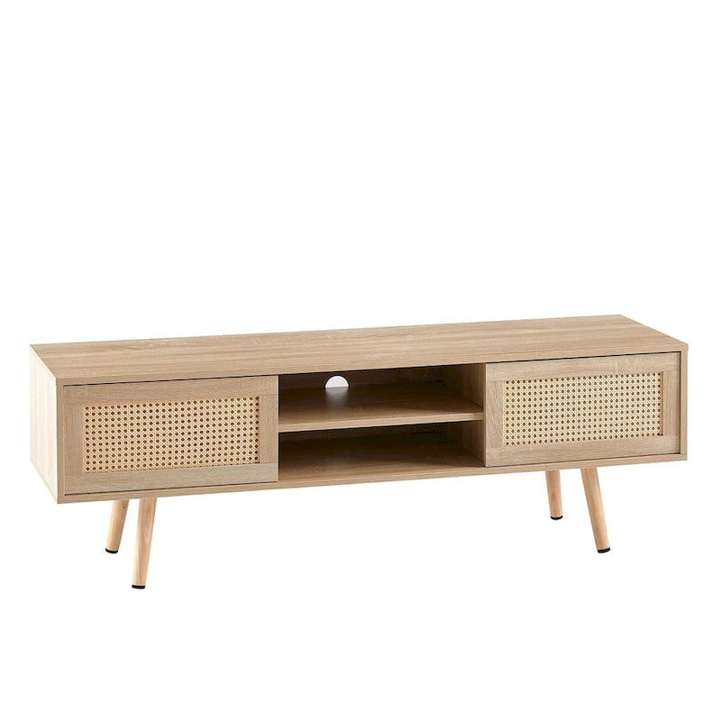 55.12 Rattan TV cabinet, double sliding doors for storage, adjustable shelf, solid wood legs, TV console