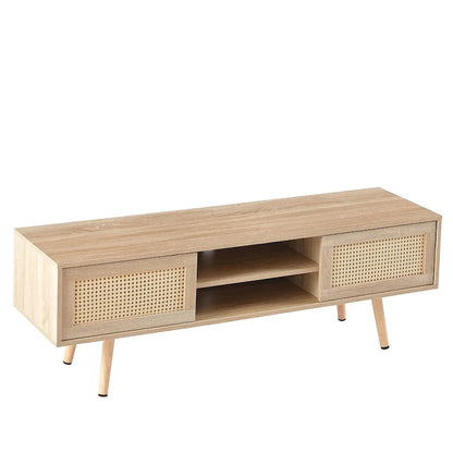55.12 Rattan TV cabinet, double sliding doors for storage, adjustable shelf, solid wood legs, TV console