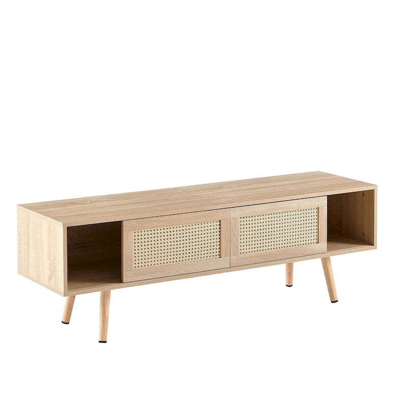 55.12 Rattan TV cabinet, double sliding doors for storage, adjustable shelf, solid wood legs, TV console