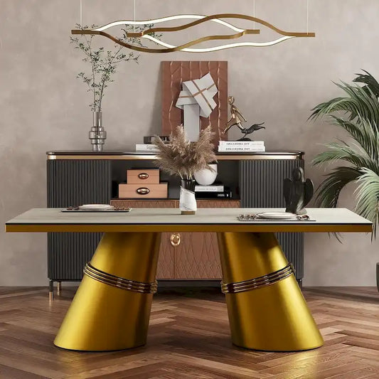 Brushed Gold Dining Table with 78 inch Glass Top and Tapered Barrel Base