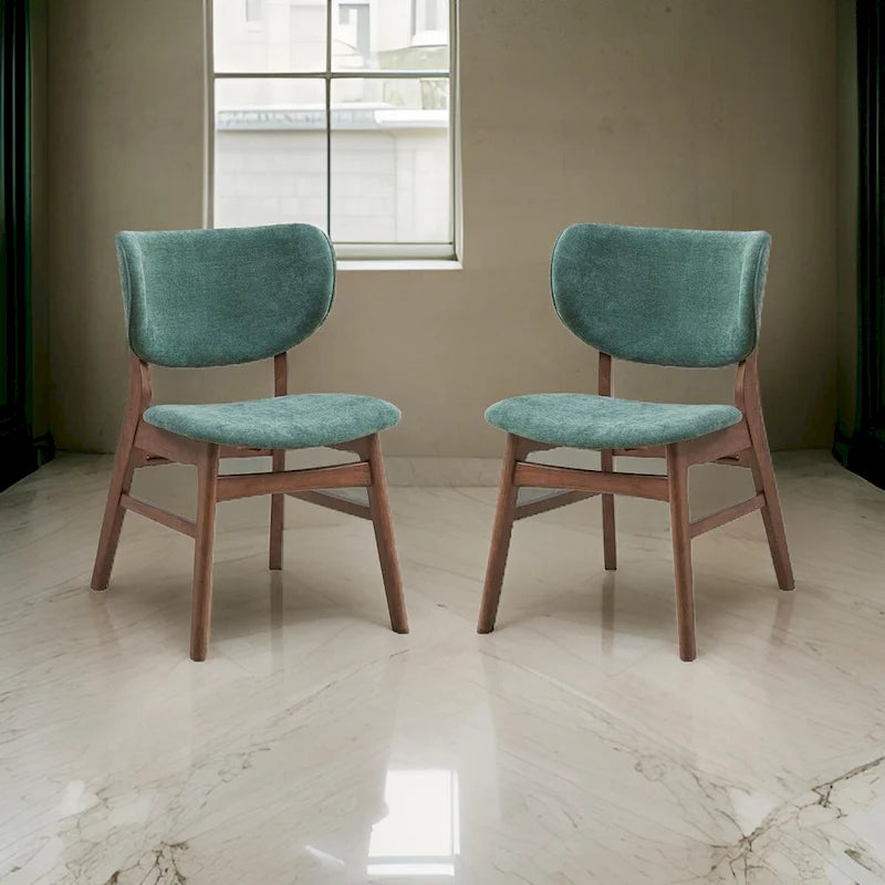 Evis 23 Inch Side Dining Chair Set of 2, Walnut Brown, Soft Green Fabric