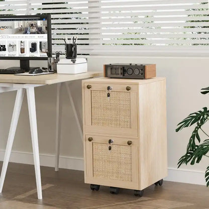 Mobile File Cabinet Wood Rattan 2-Drawer with Lock