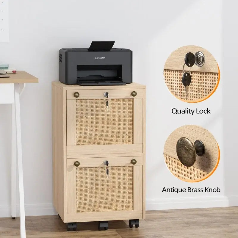 Mobile File Cabinet Wood Rattan 2-Drawer with Lock