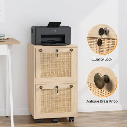 Mobile File Cabinet Wood Rattan 2-Drawer with Lock