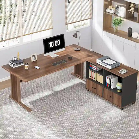 63 L Shaped Executive Computer Desk with Mobile File Storage Cabinet for Home Office Study