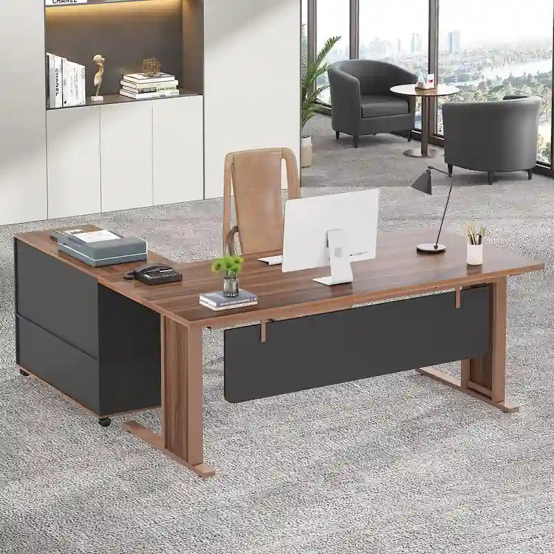 63 L Shaped Executive Computer Desk with Mobile File Storage Cabinet for Home Office Study