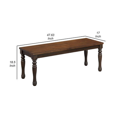 May 48 Inch Two Tone Dining Bench, Turned Legs, Rich Brown Wood Finish
