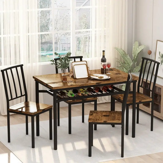 Modern Industrial Dining Table Set for 4, 5-Piece Wood Kitchen Table and Chairs, Dining Room Table Set with Storage Rack