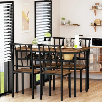 Modern Industrial Dining Table Set for 4, 5-Piece Wood Kitchen Table and Chairs, Dining Room Table Set with Storage Rack