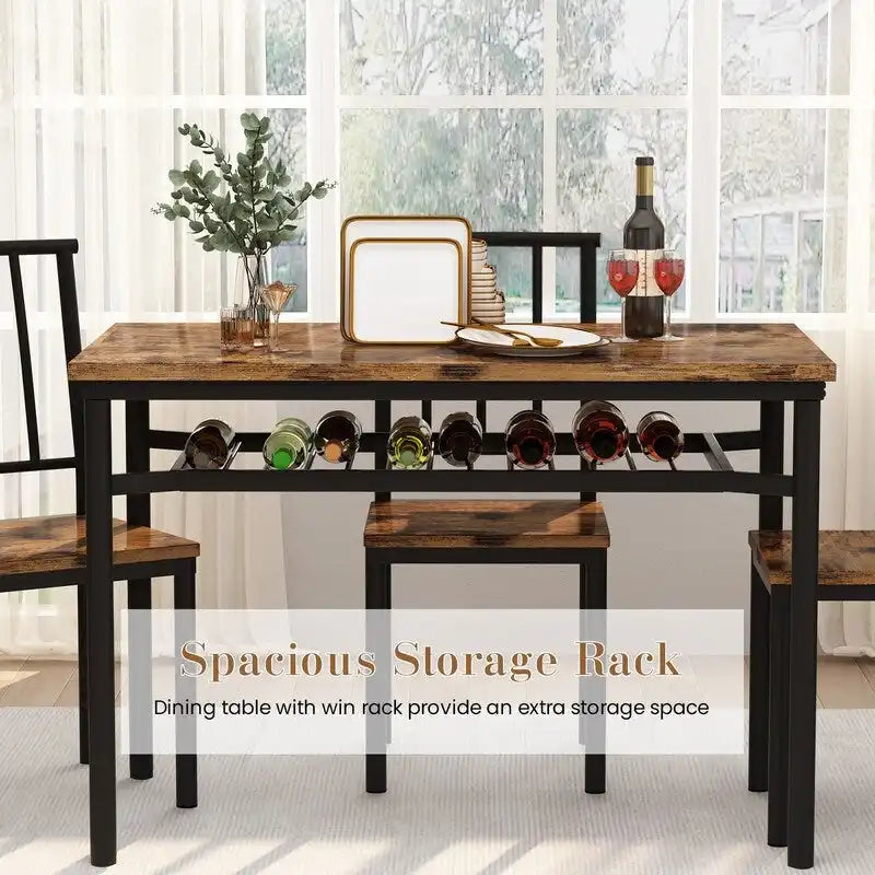 Modern Industrial Dining Table Set for 4, 5-Piece Wood Kitchen Table and Chairs, Dining Room Table Set with Storage Rack