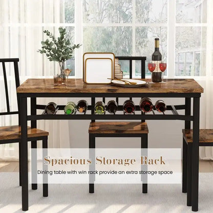 Modern Industrial Dining Table Set for 4, 5-Piece Wood Kitchen Table and Chairs, Dining Room Table Set with Storage Rack