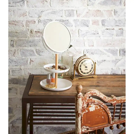 Yamazaki Home Two-Tier Jewelry Tray With Mirror, Steel and Wood, Mirror diameter 5.9 inches, Holds 4.4 lbs