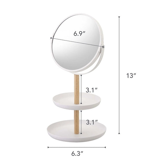 Yamazaki Home Two-Tier Jewelry Tray With Mirror, Steel and Wood, Mirror diameter 5.9 inches, Holds 4.4 lbs