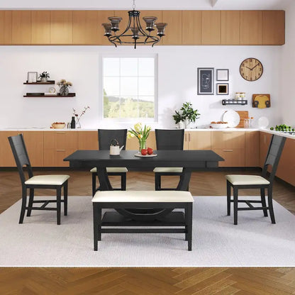 6-Piece Wood Half Round Dining Table Set Kitchen Table Set with Long Bench and 4 Dining Chairs, Modern Style, Gray