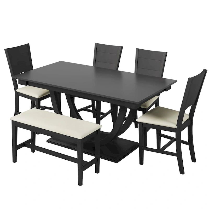 6-Piece Wood Half Round Dining Table Set Kitchen Table Set with Long Bench and 4 Dining Chairs, Modern Style, Gray