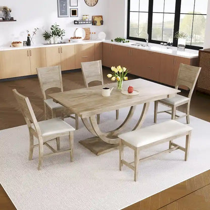 6-Piece Wood Half Round Dining Table Set Kitchen Table Set with Long Bench and 4 Dining Chairs, Modern Style, Gray