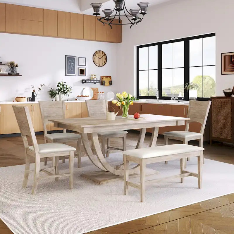 6-Piece Wood Half Round Dining Table Set Kitchen Table Set with Long Bench and 4 Dining Chairs, Modern Style, Gray