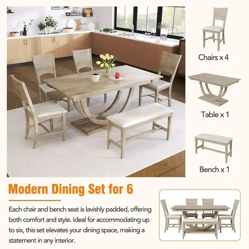 6-Piece Wood Half Round Dining Table Set Kitchen Table Set with Long Bench and 4 Dining Chairs, Modern Style, Gray