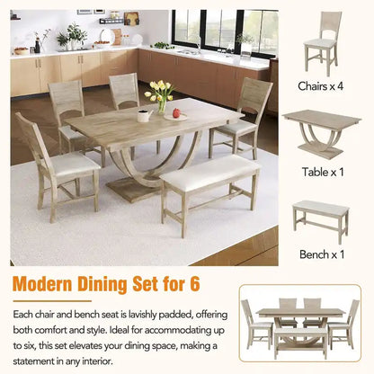 6-Piece Wood Half Round Dining Table Set Kitchen Table Set with Long Bench and 4 Dining Chairs, Modern Style, Gray