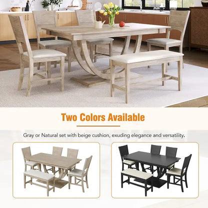 6-Piece Wood Half Round Dining Table Set Kitchen Table Set with Long Bench and 4 Dining Chairs, Modern Style, Gray