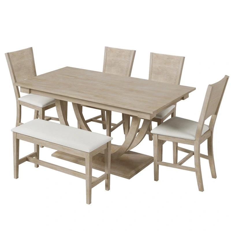 6-Piece Wood Half Round Dining Table Set Kitchen Table Set with Long Bench and 4 Dining Chairs, Modern Style, Gray