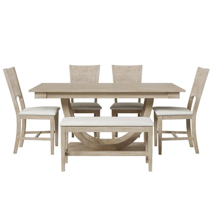6-Piece Wood Half Round Dining Table Set Kitchen Table Set with Long Bench and 4 Dining Chairs, Modern Style, Gray