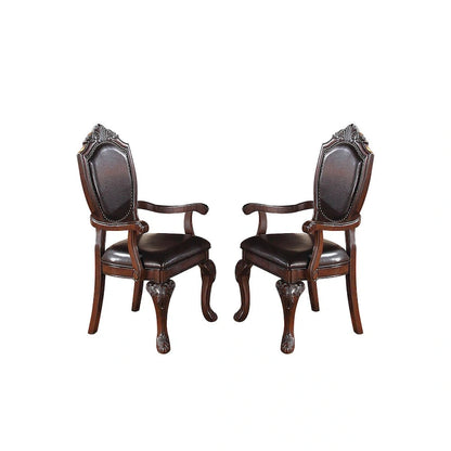 Dining Arm Chairs With Faux Leather Upholstery, Set Of 2, Dark Brown
