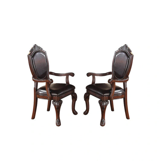 Dining Arm Chairs With Faux Leather Upholstery, Set Of 2, Dark Brown