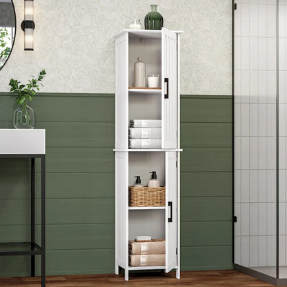 RiverRidge Monroe Tall Bathroom Storage Linen Cabinet and Organizer with Doors and Adjustable Shelves - White