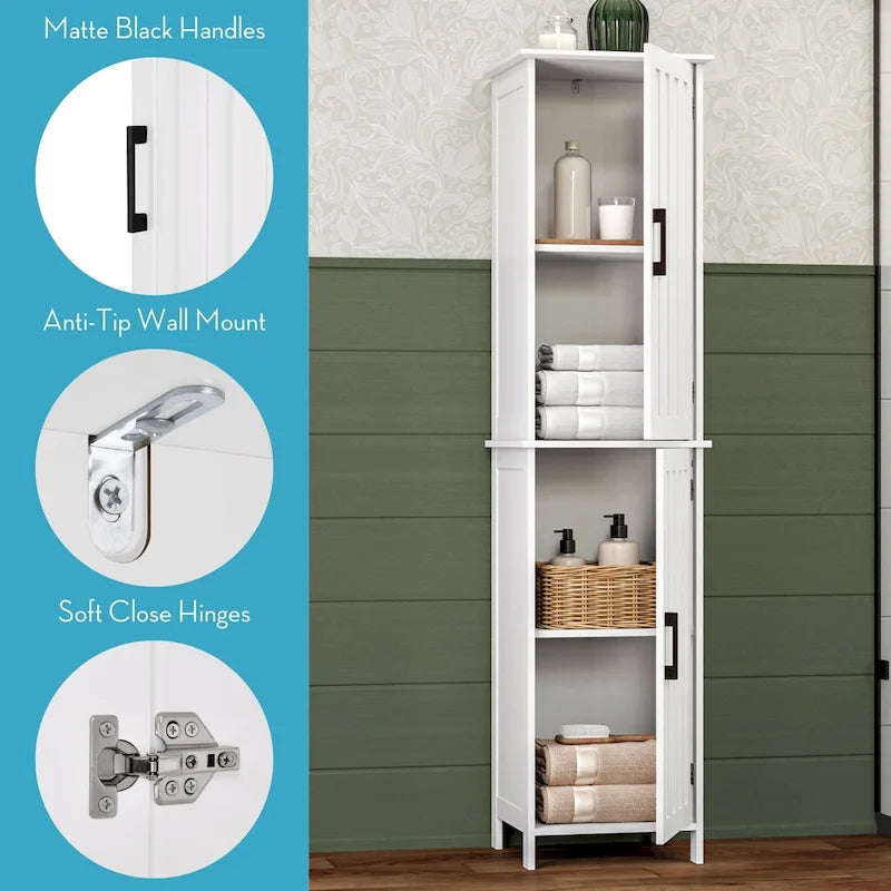 RiverRidge Monroe Tall Bathroom Storage Linen Cabinet and Organizer with Doors and Adjustable Shelves - White