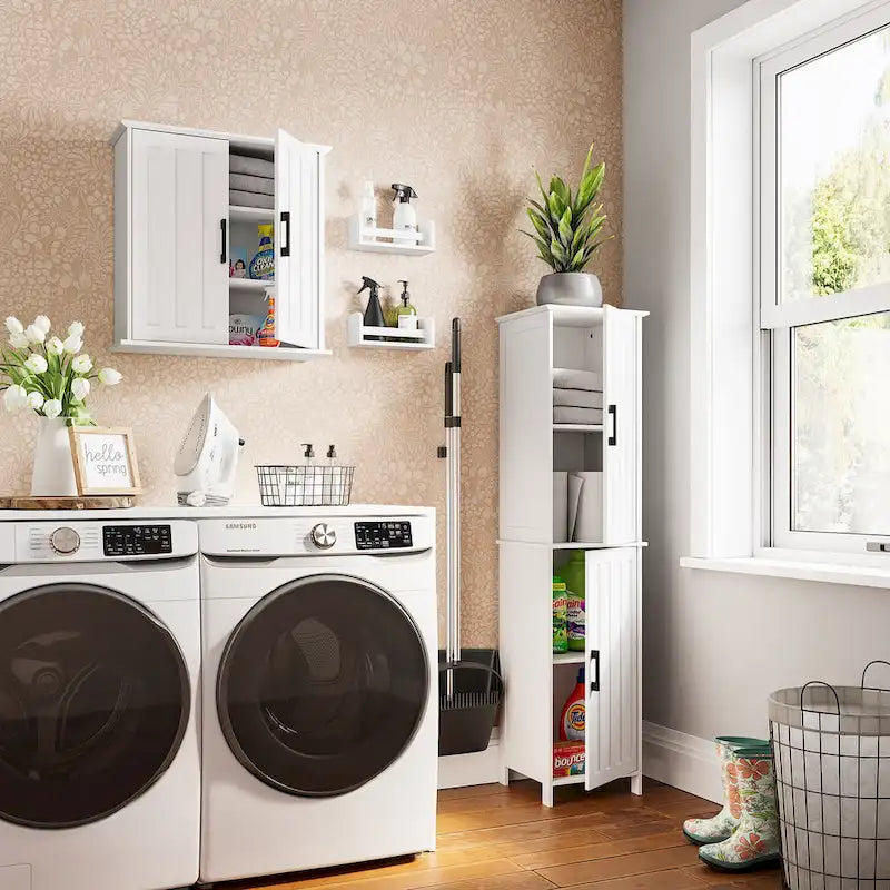 RiverRidge Monroe Tall Bathroom Storage Linen Cabinet and Organizer with Doors and Adjustable Shelves - White