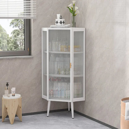 Floor Coner Cabinet, 3 Tiers with Tempered Glass Doors and Storage Shelves