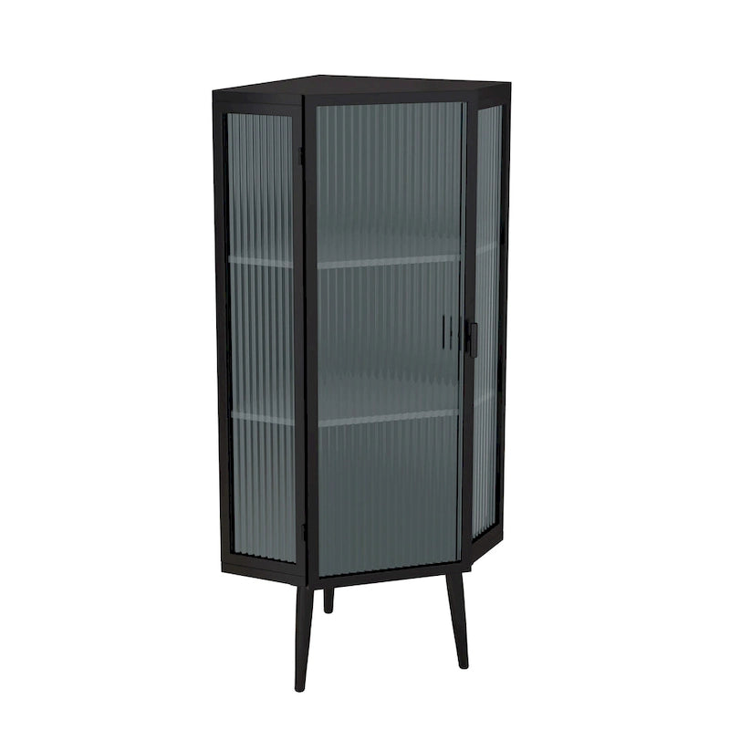 Floor Coner Cabinet, 3 Tiers with Tempered Glass Doors and Storage Shelves