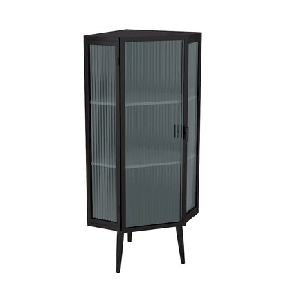 Floor Coner Cabinet, 3 Tiers with Tempered Glass Doors and Storage Shelves