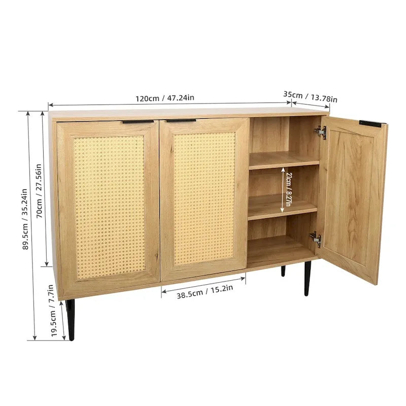 47.24  Wooden Storage Cabinet with 3 Rattan Doors and 3 Shelves