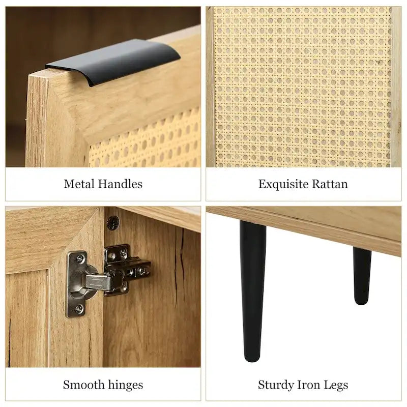 47.24  Wooden Storage Cabinet with 3 Rattan Doors and 3 Shelves