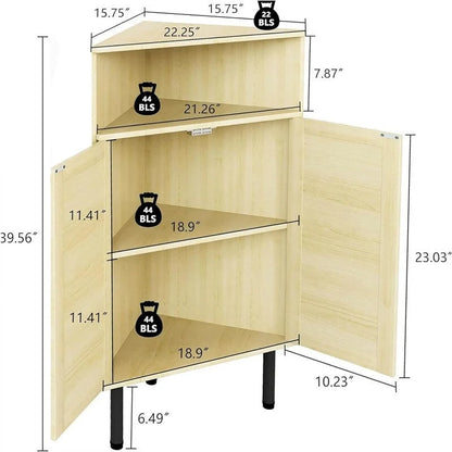 4 Tier Corner Cabinet with Doors Shelves Rattan Freestanding Bar Storage Cabinet - 22.25D x 15.75W x 39.56H