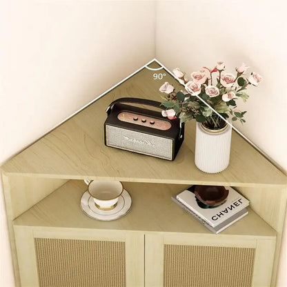 4 Tier Corner Cabinet with Doors Shelves Rattan Freestanding Bar Storage Cabinet - 22.25D x 15.75W x 39.56H