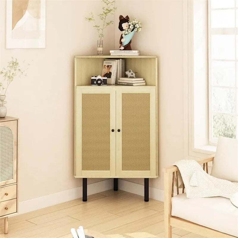 4 Tier Corner Cabinet with Doors Shelves Rattan Freestanding Bar Storage Cabinet - 22.25D x 15.75W x 39.56H