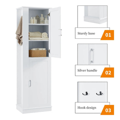 Tall Bathroom Storage Cabinet, Freestanding Storage Cabinet with Hook and Adjustable Shelf, MDF Board, White
