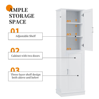 Tall Bathroom Storage Cabinet, Freestanding Storage Cabinet with Hook and Adjustable Shelf, MDF Board, White