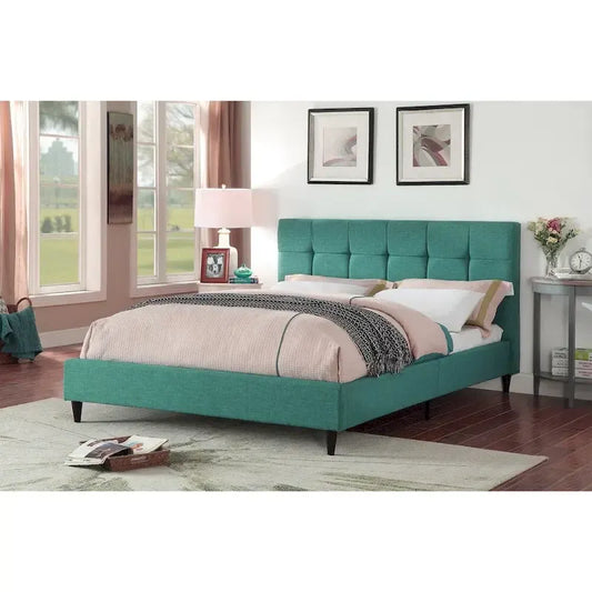 Modern Upholstered Square Stitched Platform Bed with Wooden Slats