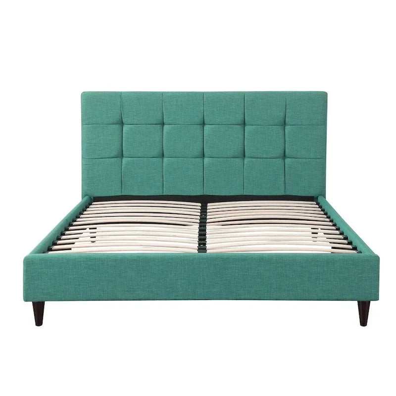 Modern Upholstered Square Stitched Platform Bed with Wooden Slats