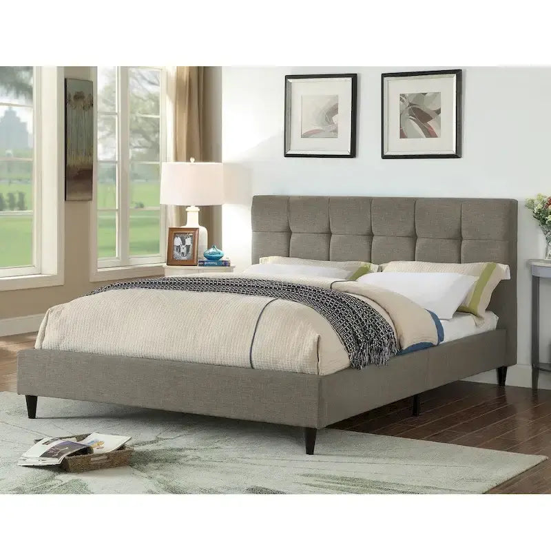 Modern Upholstered Square Stitched Platform Bed with Wooden Slats
