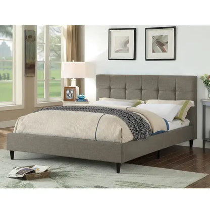 Modern Upholstered Square Stitched Platform Bed with Wooden Slats
