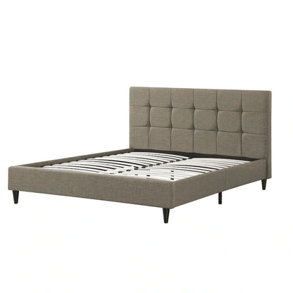 Modern Upholstered Square Stitched Platform Bed with Wooden Slats